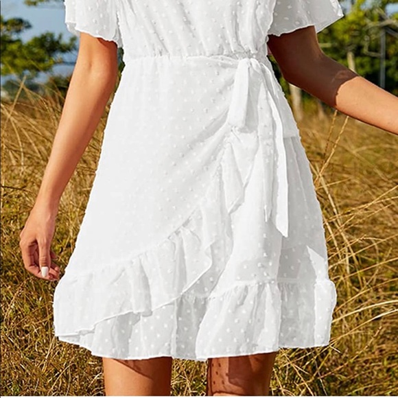 Women's Summer Jacquard Pom Crewneck RuffleMini Dress Elegant Tie Waist Short - Picture 3 of 6